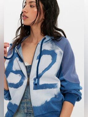 Free People We The Free Wild Blues Hoodie Bleached Indigo Combo Size Medium NWT
